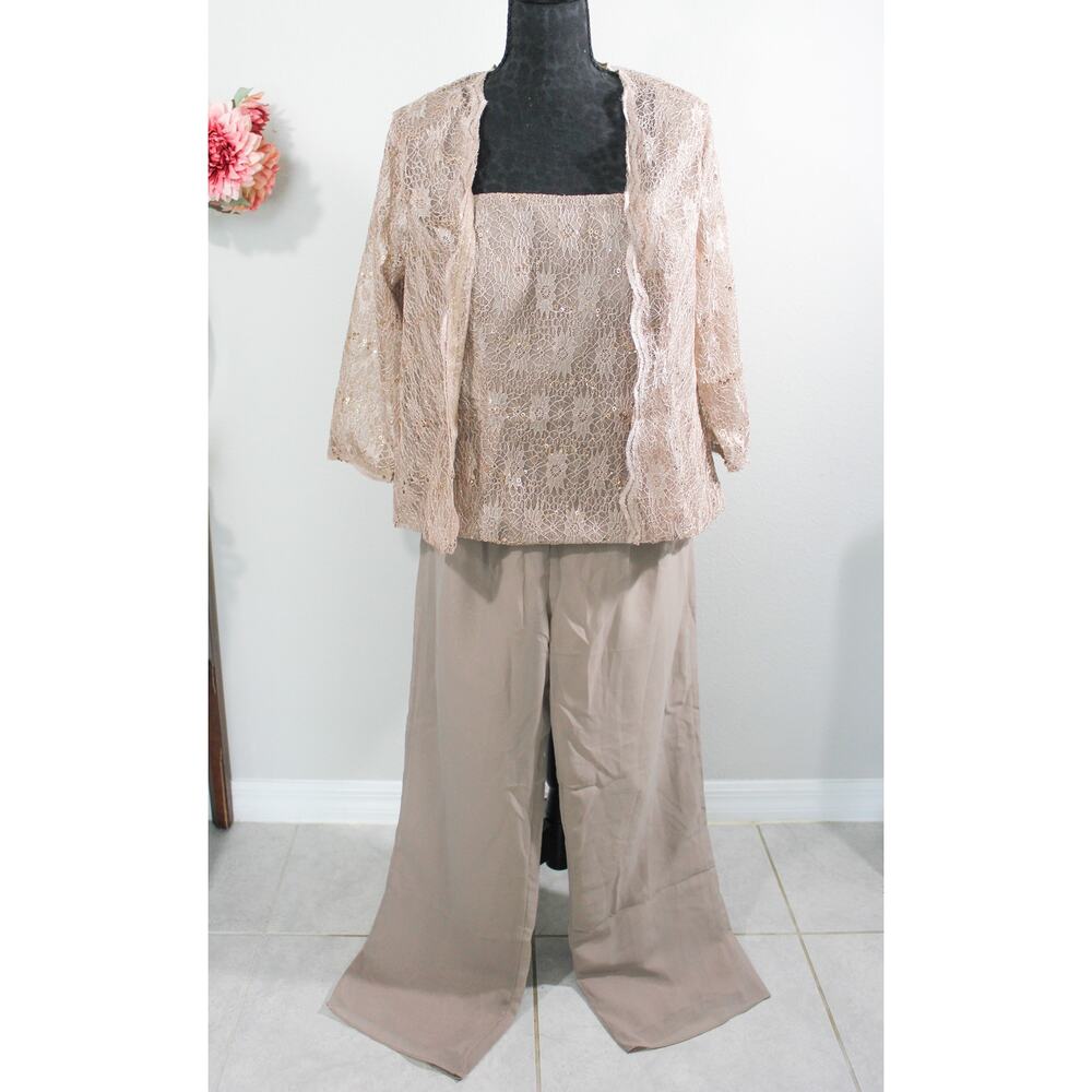 New 3-Pc Size 16W Champagne Lace & Chiffon Pants Set Formal Wedding Bridal Guest